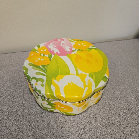 Avon 70s "Burst of Spring" Floral Yellow Pink Tulip Tin Box - Picture 1 of 6